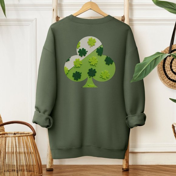 Military Green Shamrock Sweatshirt for Saint Patrick Day Clover Green Sweatshirt - Picture 3 of 9